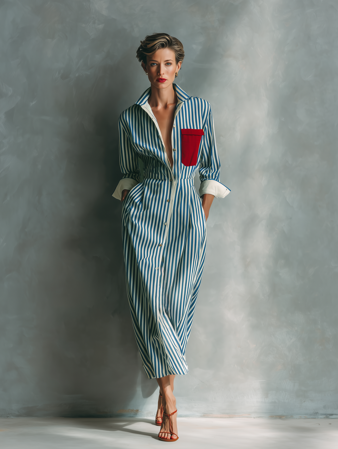 Makeda - Vestido Camisero a Rayas Con Bolsillo en El Pecho