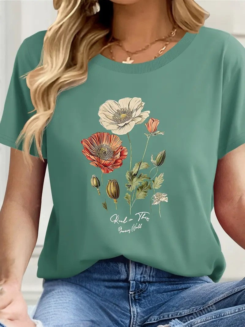 Aimilia - Elegante Camiseta De Manga Corta Con Estampado Floral