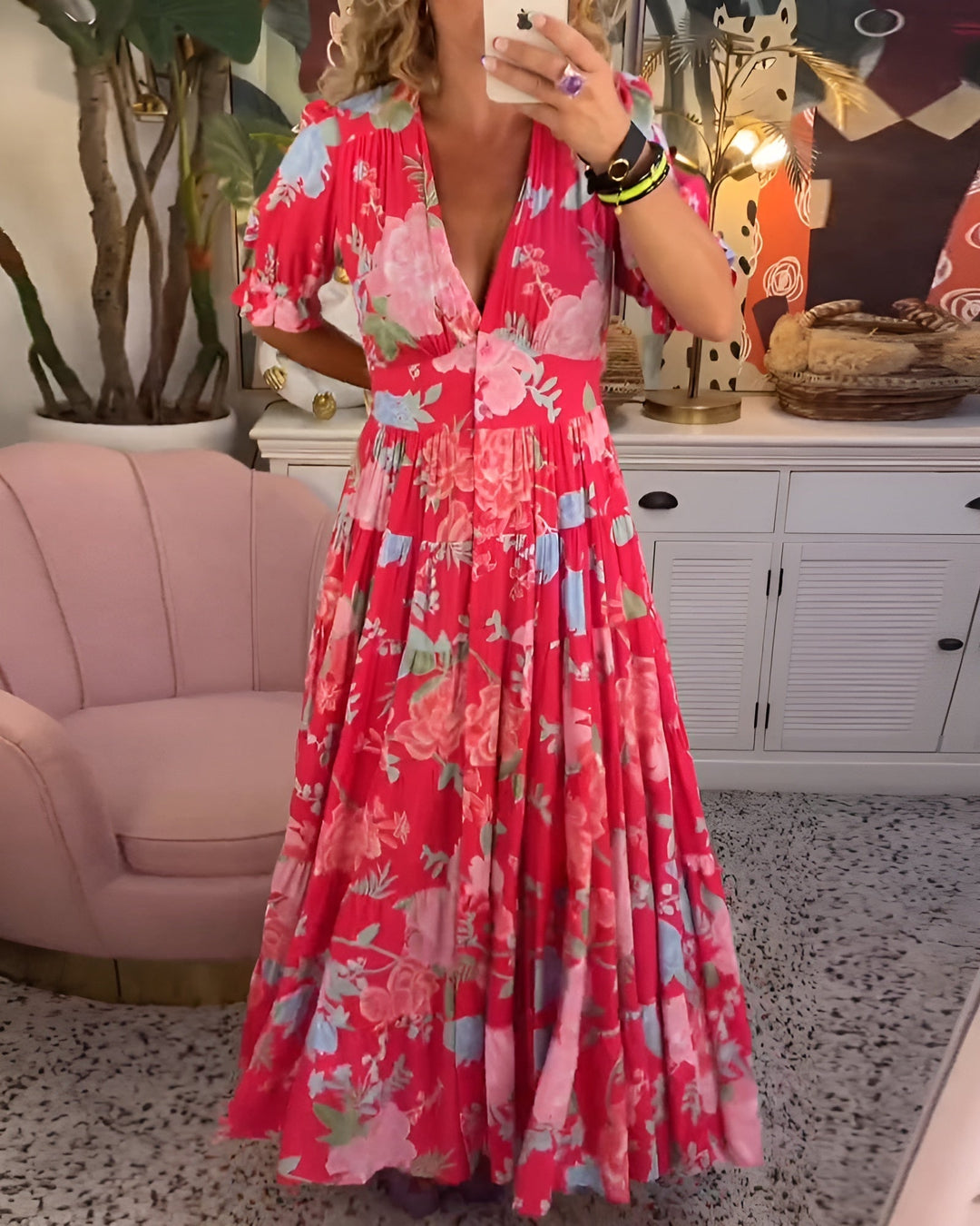 Kaela - Vestido Con Estampado De Flores, Cuello En V y Bolsillos