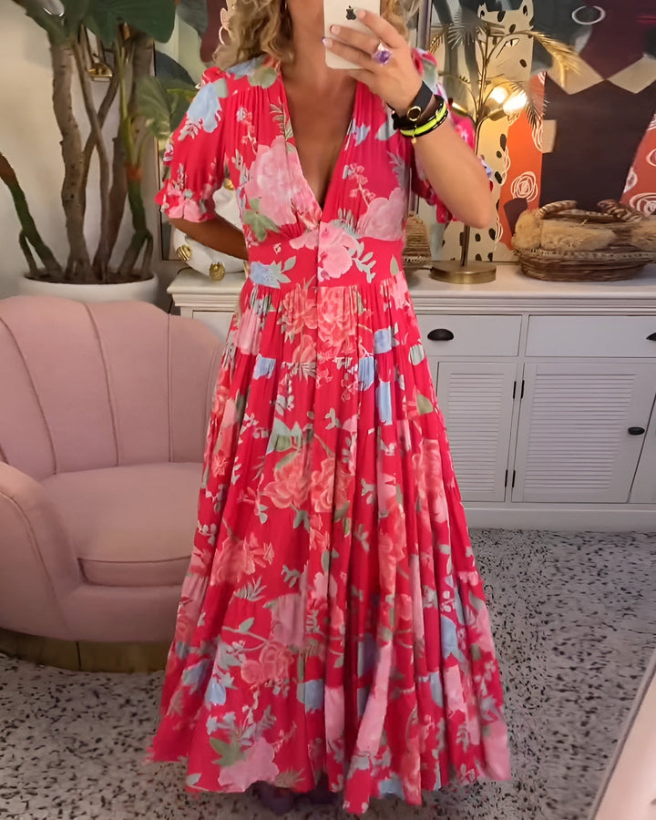 Kaela - Vestido Con Estampado De Flores, Cuello En V y Bolsillos