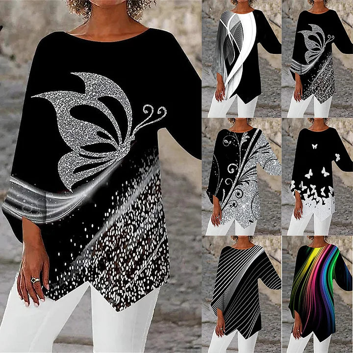 Soraya - Cuello redondo Y Manga Larga Camisa Estampada