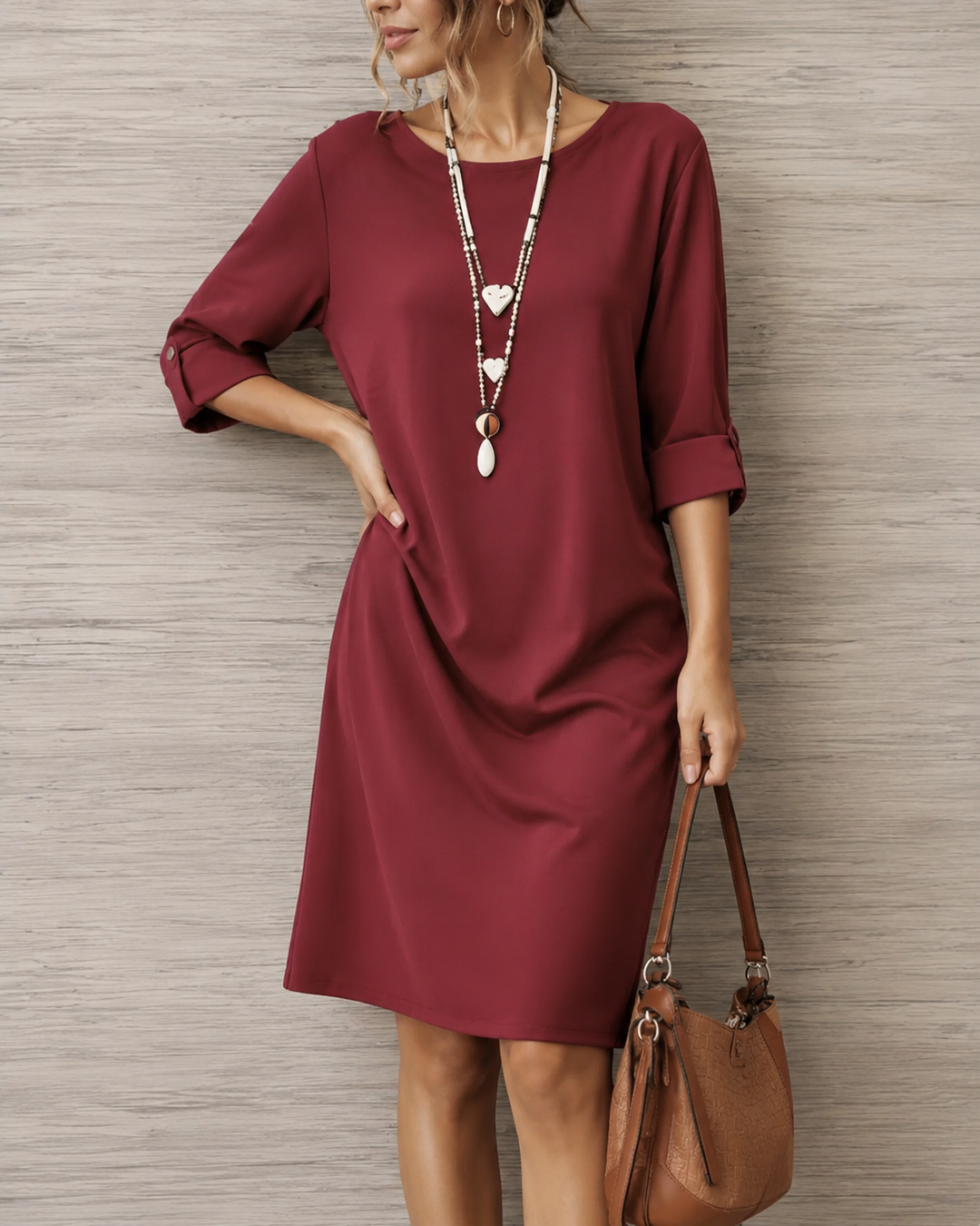 Huguette - Vestido Recto de Cuello Redondo Con Bolsillos