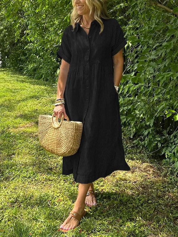 Alory - Cómodo Vestido Midi a Rayas Con Botones