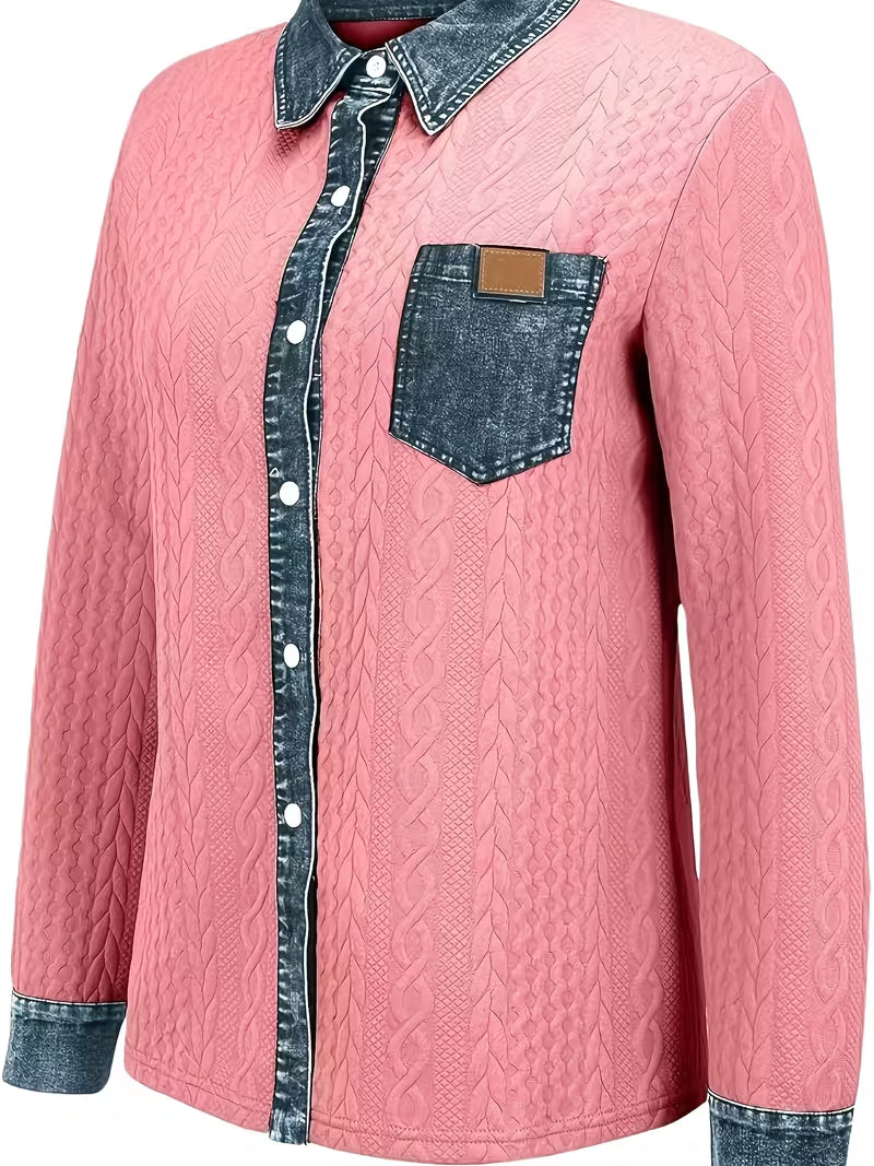 Eryna - Camiseta de Manga Larga Con Punto Trenzado y Cuello de Vaquero