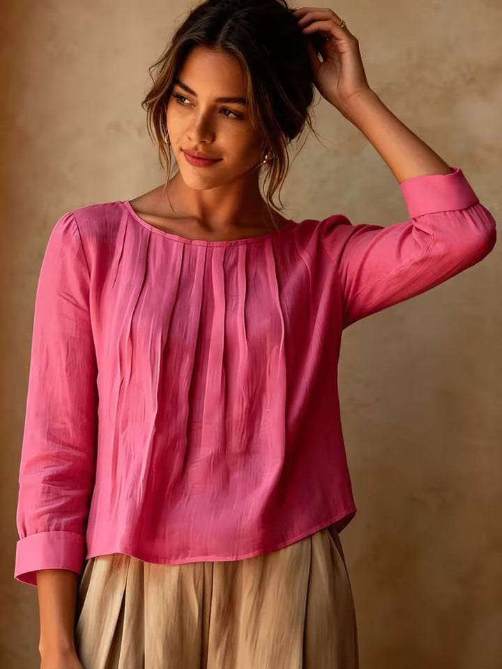 Gelina - Blusa De Cuello Redondo Con Pliegues en La Parte Delantera