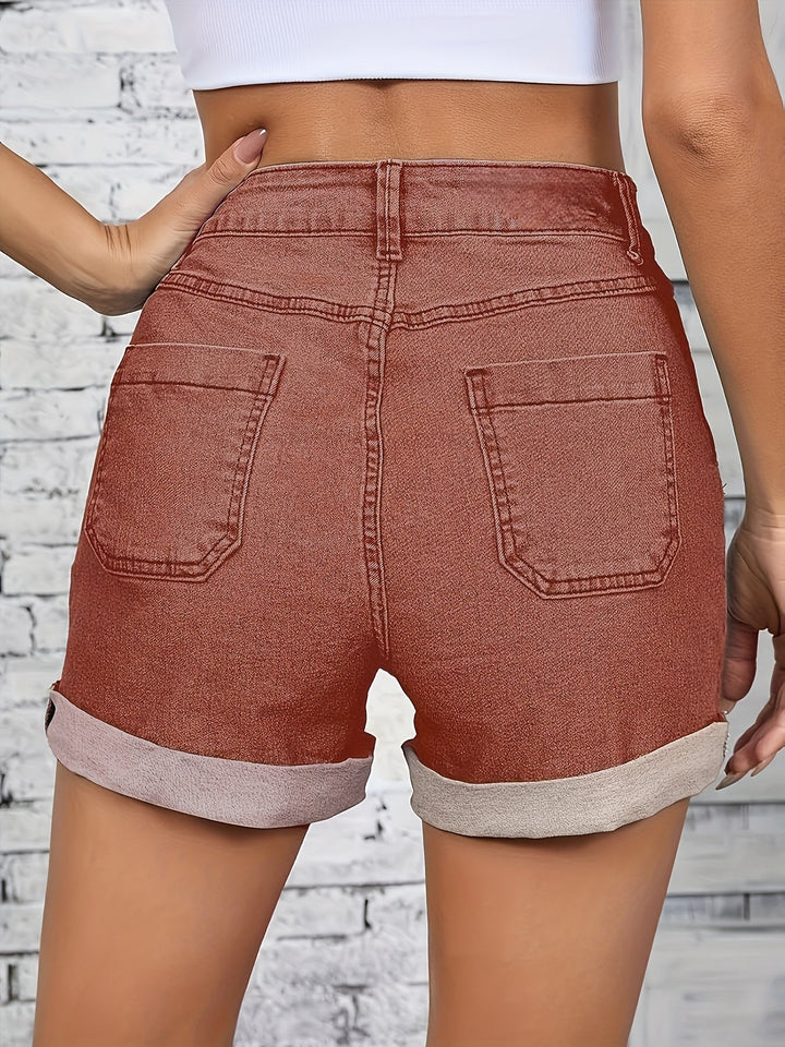 Thelma - Pantalones Cortos Vaqueros Elásticos De Cintura Alta Con Botón