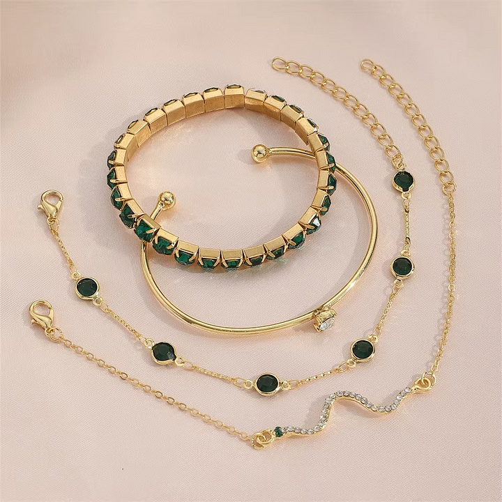 Miray - Conjunto de 4 Pulseras de Cristal Esmeralda y oro
