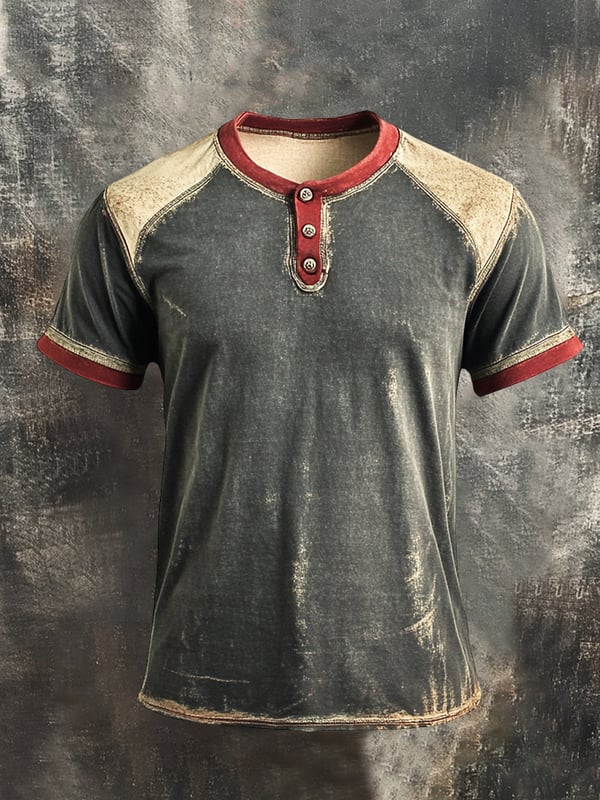Camiseta De Manga Corta Con Cuello Henley y Bloques De Color Retro Para Hombre