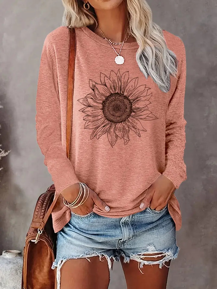 Levine - Elegante Top Túnica de Manga Larga Con Estampado De Girasoles