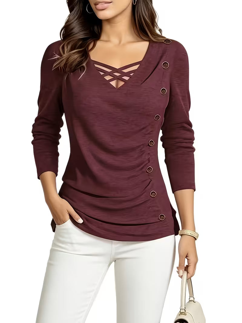 Keziana - Blusa De Manga Larga Con Cuello en V Y Botones
