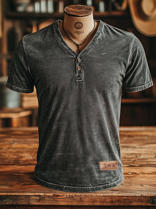 Camiseta Vintage Para Hombre De Estilo Clásico Confeccionada En Piel Lavada Con Cuello en V y Tapeta Con Botones y Manga Corta