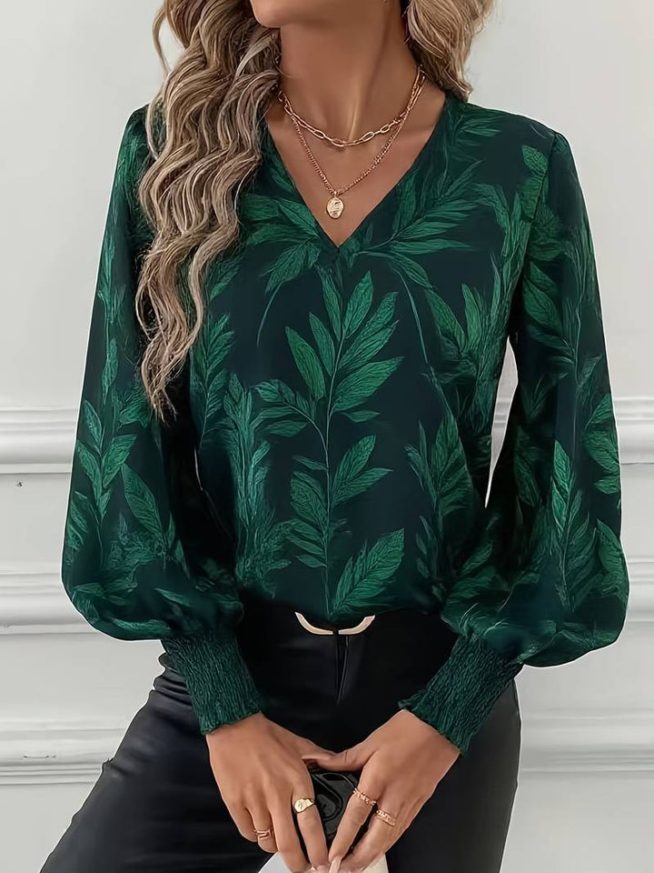 Ruchama - Elegante Blusa de Manga Larga Con Estampado de Hojas