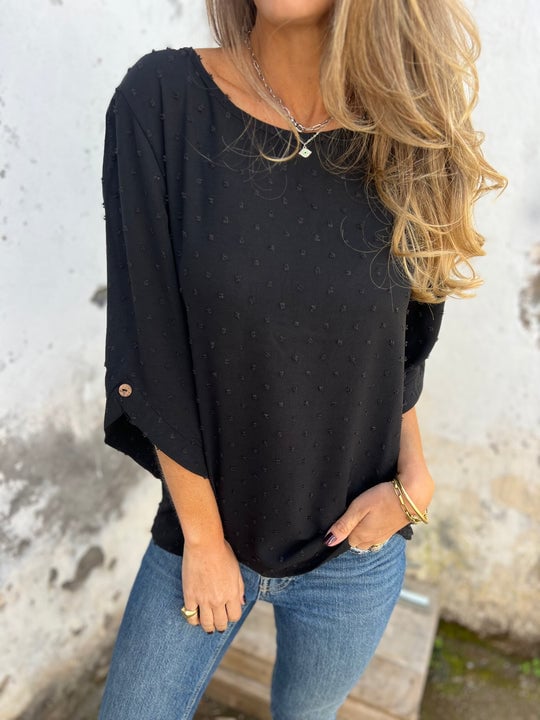 Lyutsiya - Cuello Redondo Bordado Puños Grandes Camisa Casual