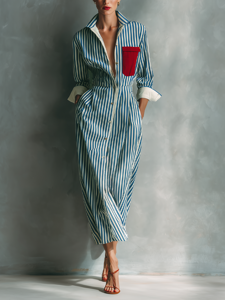Makeda - Vestido Camisero a Rayas Con Bolsillo en El Pecho