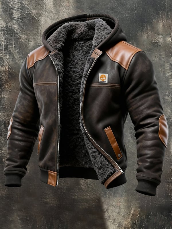 Pessina - Elegante Chaqueta Con Capucha De Cuero y Manga Larga