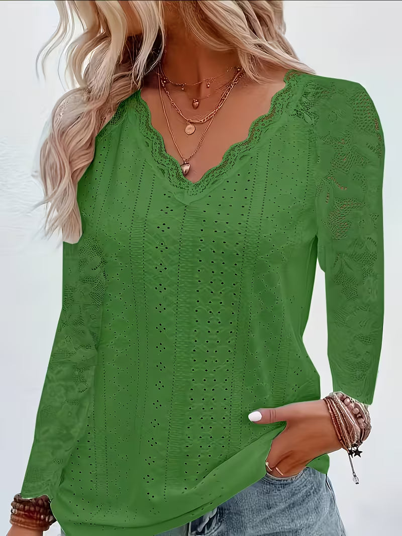 Shaleva - Elegante Camisa de Manga Larga Con Cuello en V de Encaje
