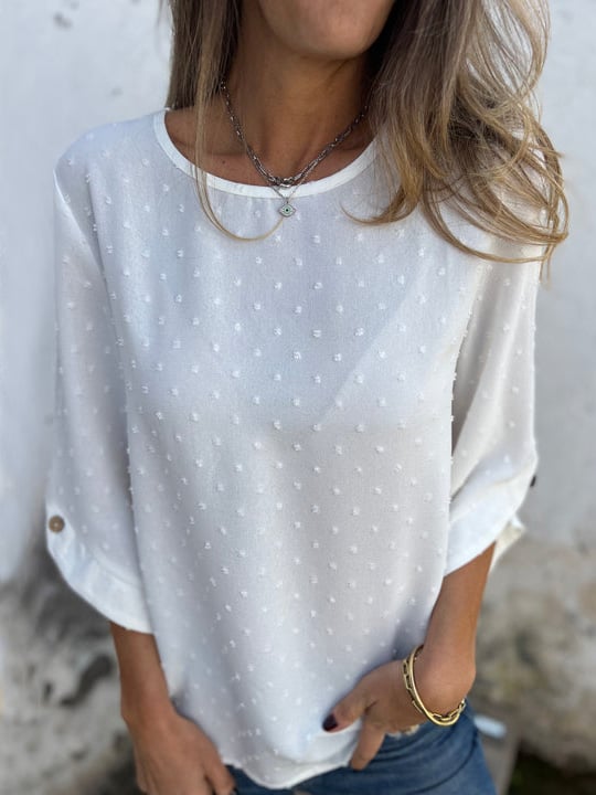 Lyutsiya - Cuello Redondo Bordado Puños Grandes Camisa Casual