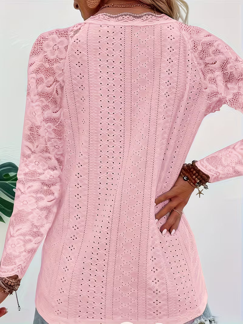 Shaleva - Elegante Camisa de Manga Larga Con Cuello en V de Encaje