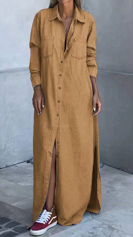Vallina - Vaqueros Manga Larga Vestido Con Solapa