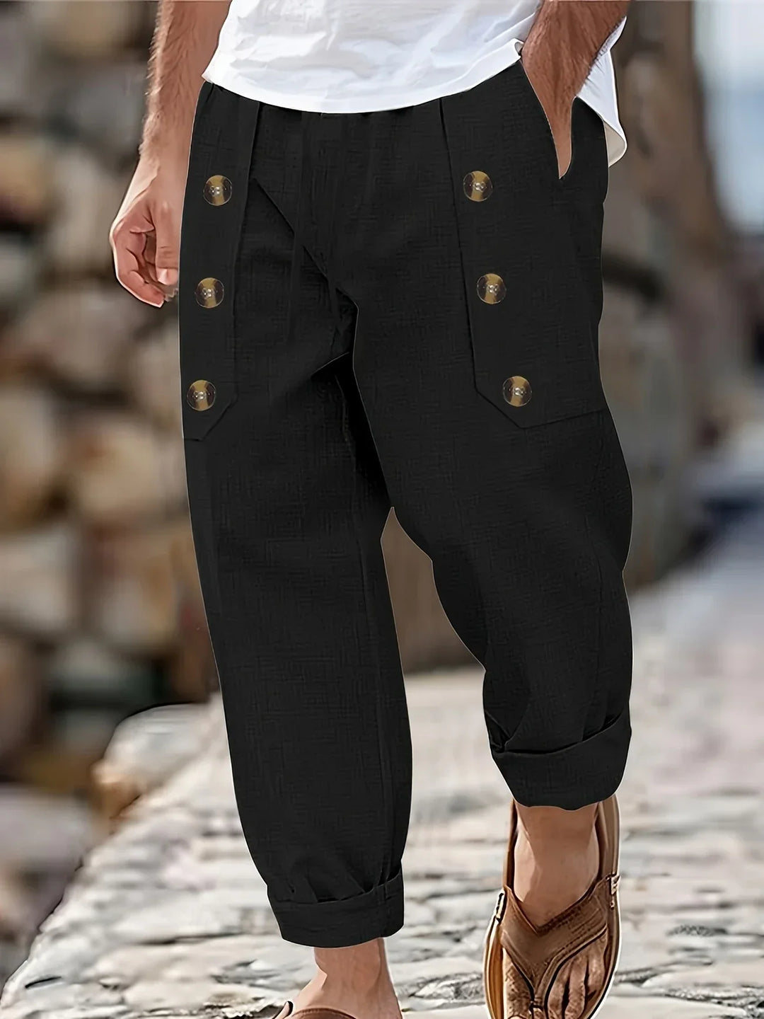Beslan - Pantalones Elegantes De Pierna Recta Con Botones Dorados