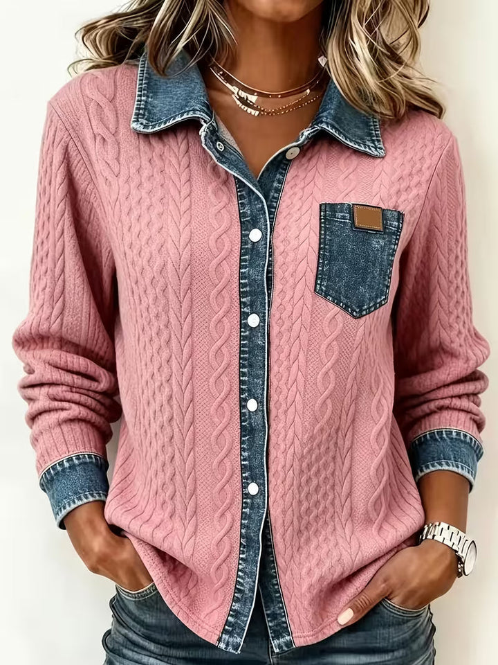 Eryna - Camiseta de Manga Larga Con Punto Trenzado y Cuello de Vaquero
