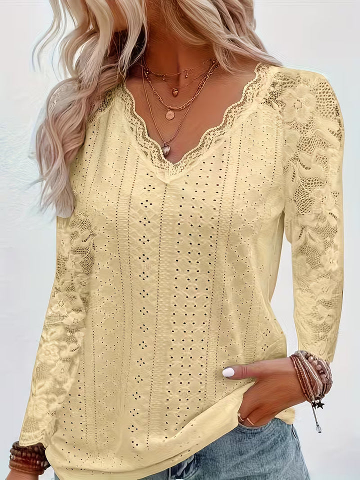 Shaleva - Elegante Camisa de Manga Larga Con Cuello en V de Encaje