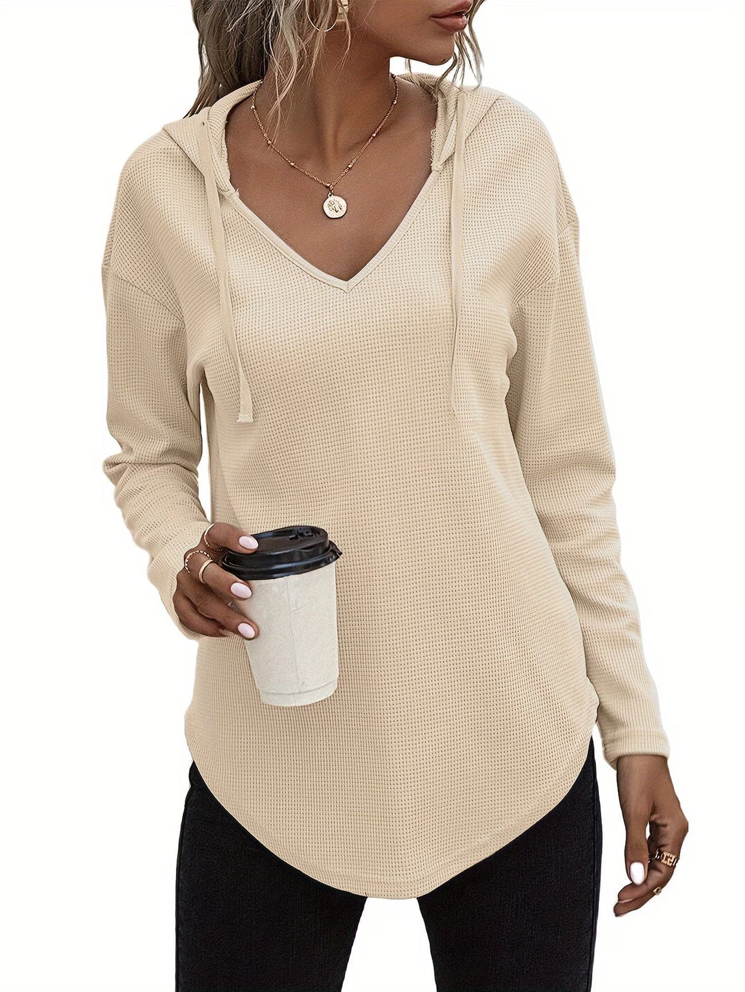 Seonie - Manga Larga Cuello en V Sudadera Con Capucha