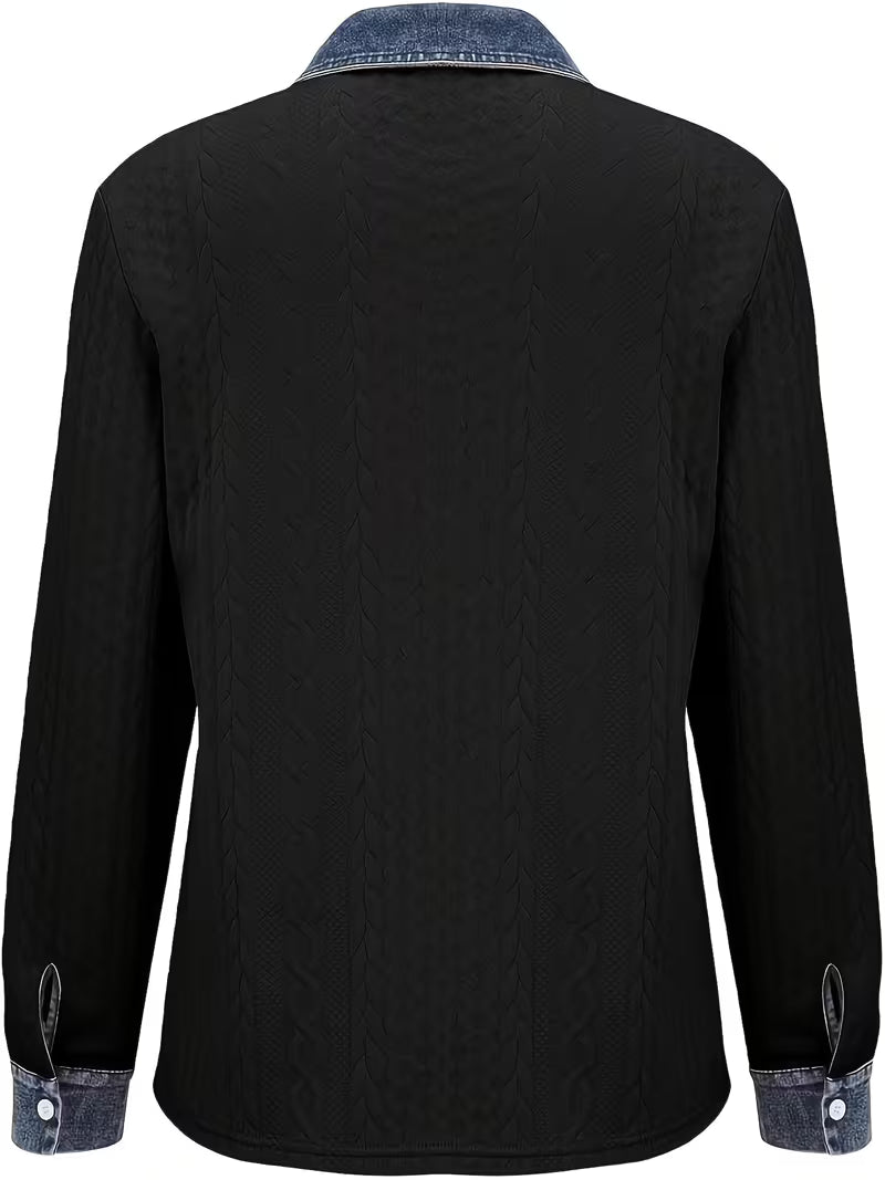 Eryna - Camiseta de Manga Larga Con Punto Trenzado y Cuello de Vaquero