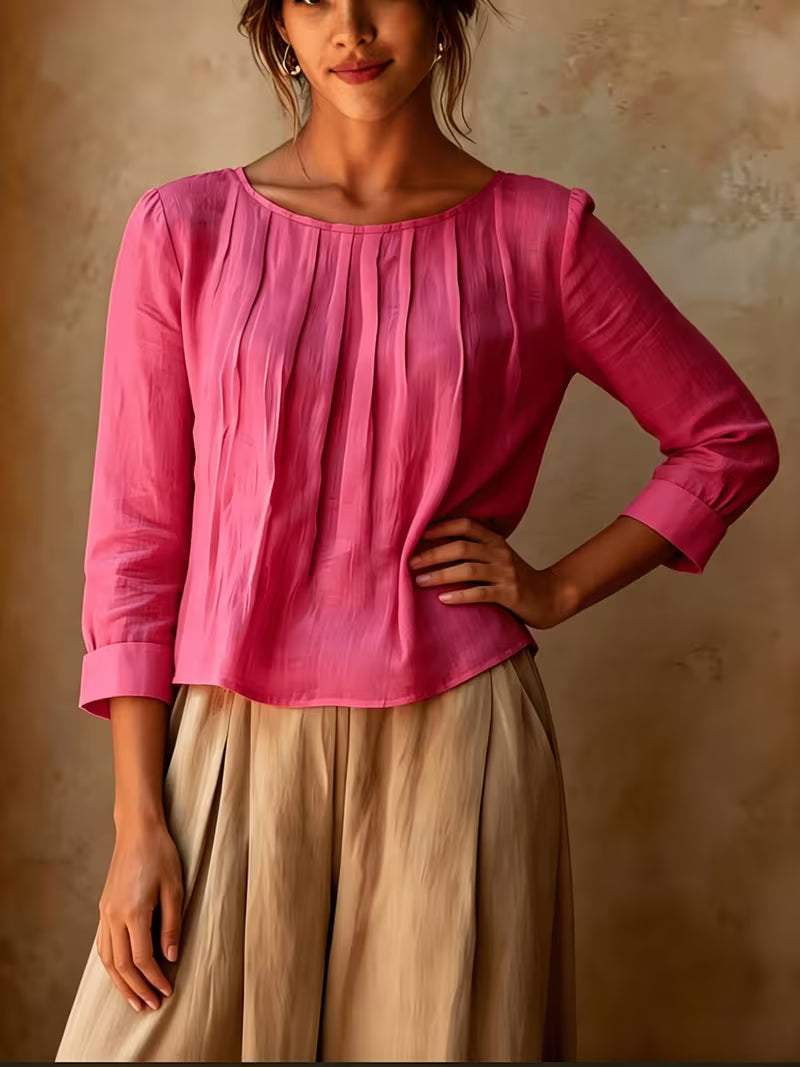 Gelina - Blusa De Cuello Redondo Con Pliegues en La Parte Delantera