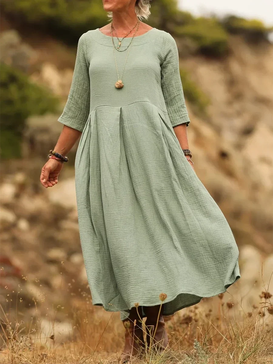 Noellaa - Cómodo Vestido Plisado De Algodón y Lino