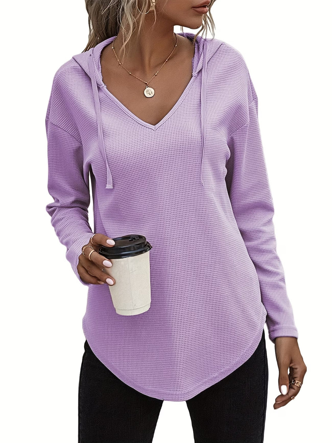 Seonie - Manga Larga Cuello en V Sudadera Con Capucha