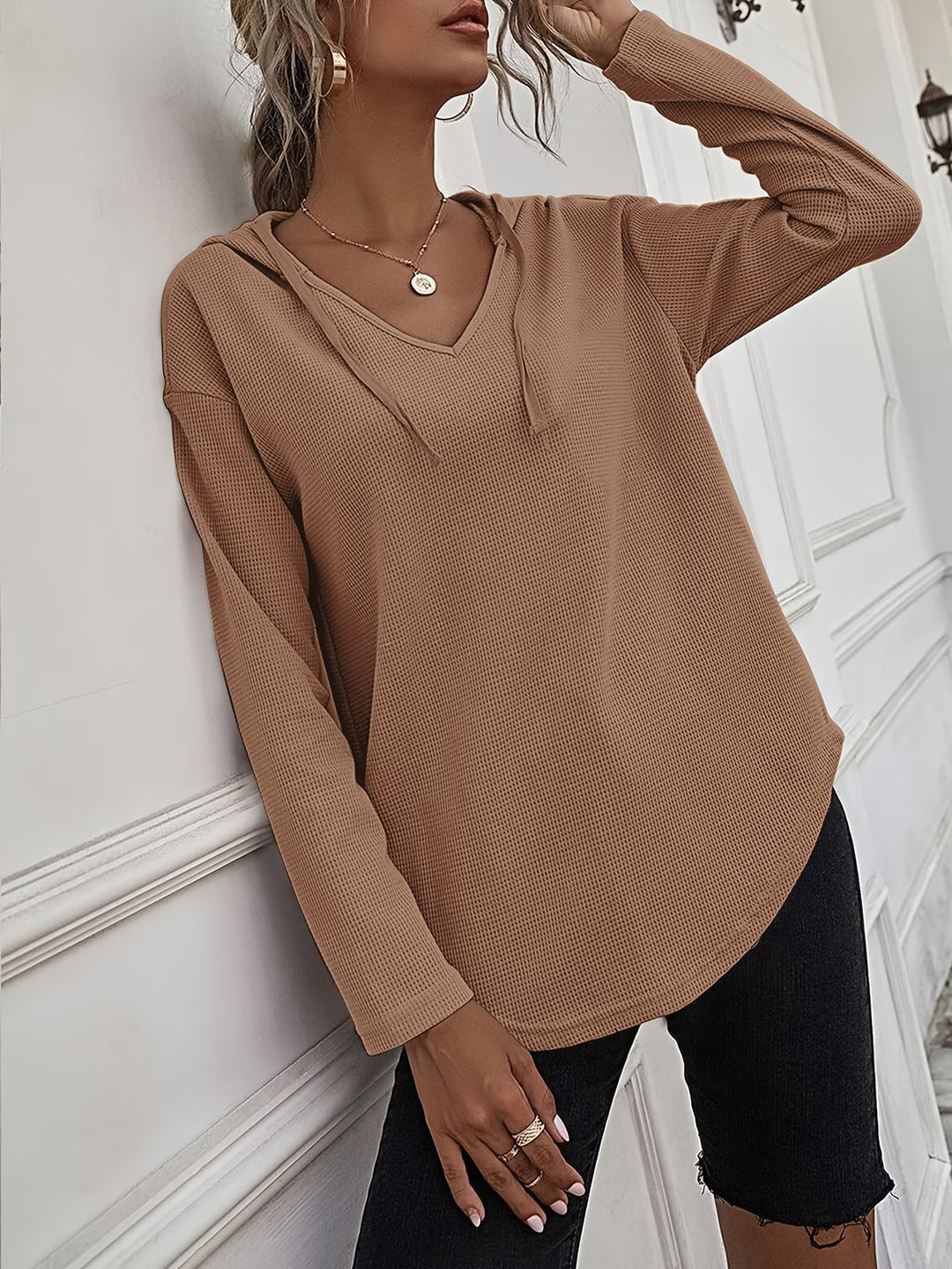 Seonie - Manga Larga Cuello en V Sudadera Con Capucha