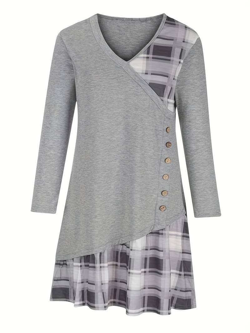 Alinor - Vestido Informal de Manga Larga Con Estampado de Cuadros y Patchwork