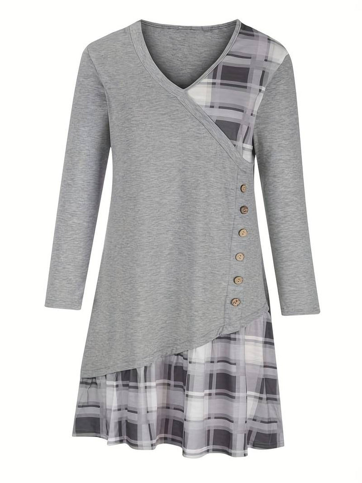 Alinor - Vestido Informal de Manga Larga Con Estampado de Cuadros y Patchwork