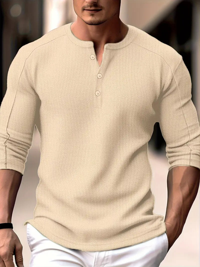 Biden - Camisa De Manga Larga Con Cuello Henley Y Tejido De Punto Waffle