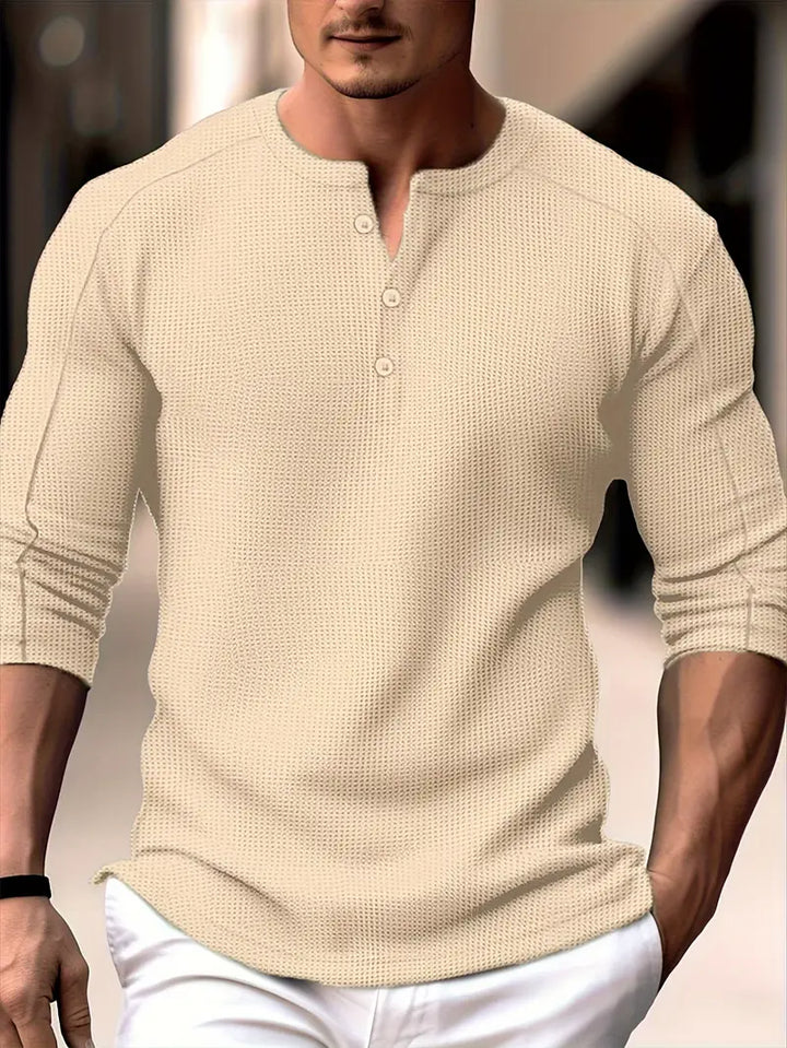Biden - Camisa De Manga Larga Con Cuello Henley Y Tejido De Punto Waffle