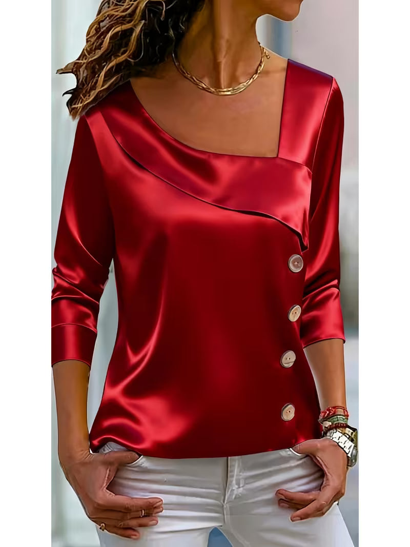Belina - Blusa De Satén Con Cuello Cuadrado Y Botones