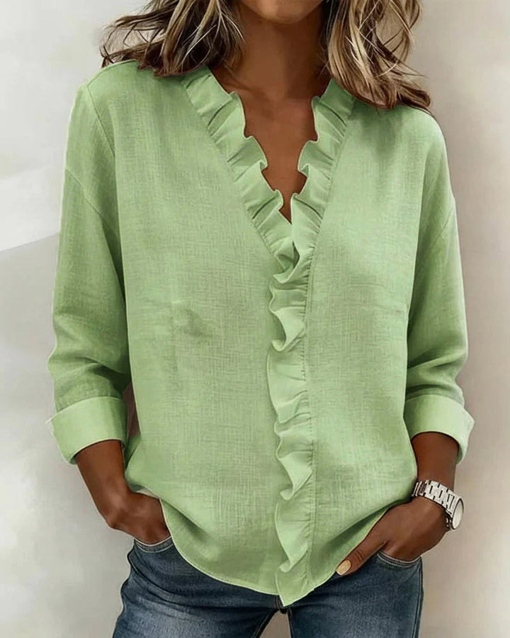 Pabasari - Elegante Blusa Con Cuello en V y Delicados Volantes