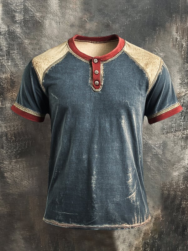 Camiseta De Manga Corta Con Cuello Henley y Bloques De Color Retro Para Hombre
