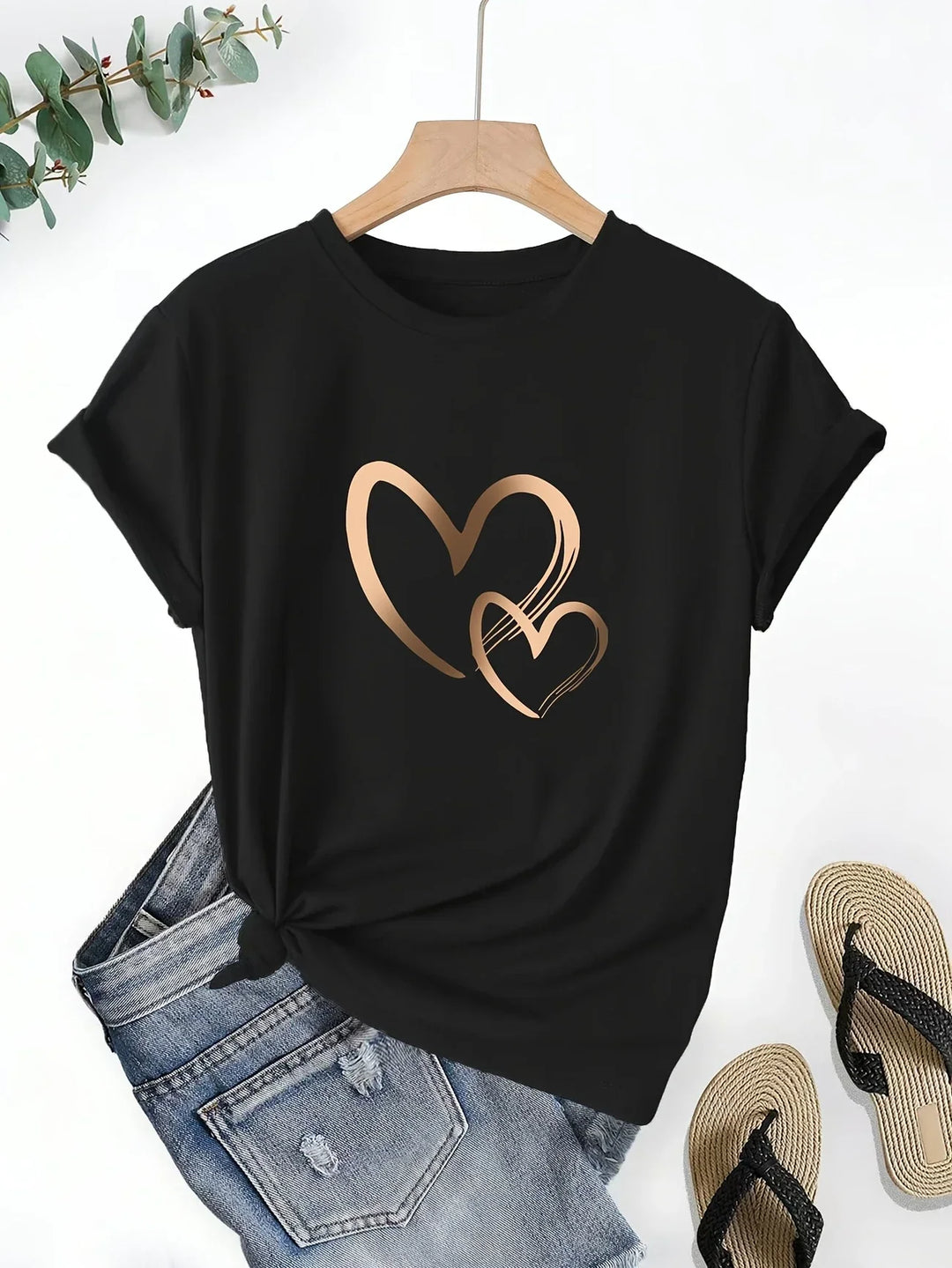 Larson - Informal Manga Corta Camiseta Con Estampado De Corazones