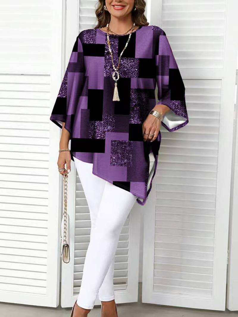 Nurit - Blusa Oversize Estampada a Cuadros Con Manga Corta