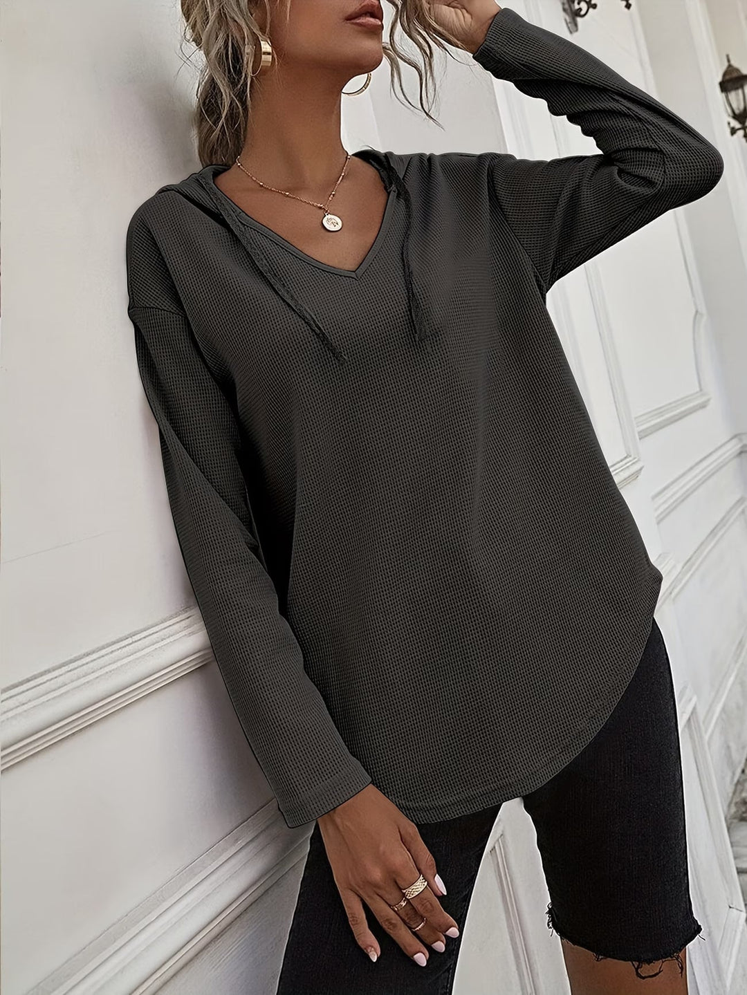 Seonie - Manga Larga Cuello en V Sudadera Con Capucha