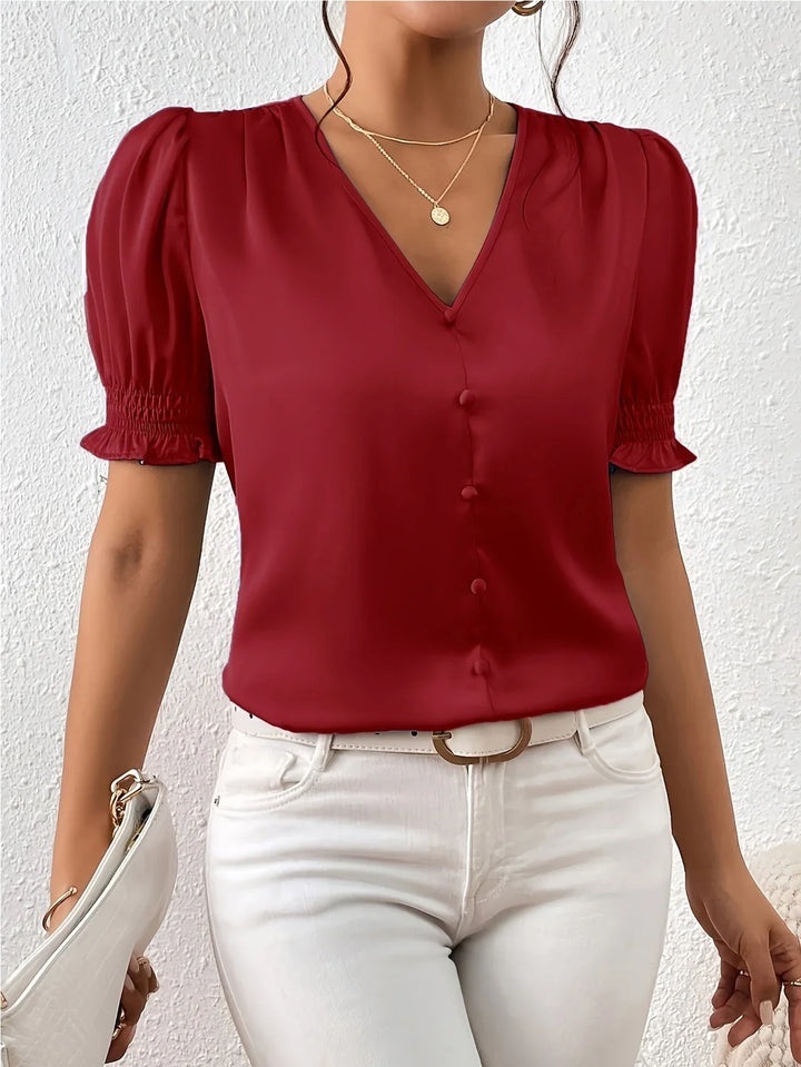 Abella - Elegante Blusa Con Cuello En V y Mangas Abullonadas
