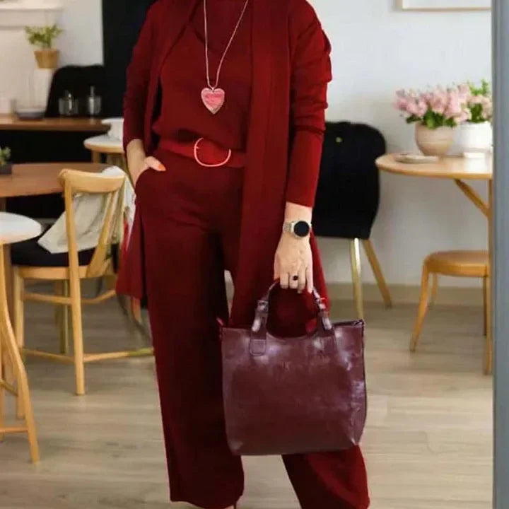 Zivara - Elegante Conjunto de 3 Piezas Con Cárdigan Largo Top y Pantalón