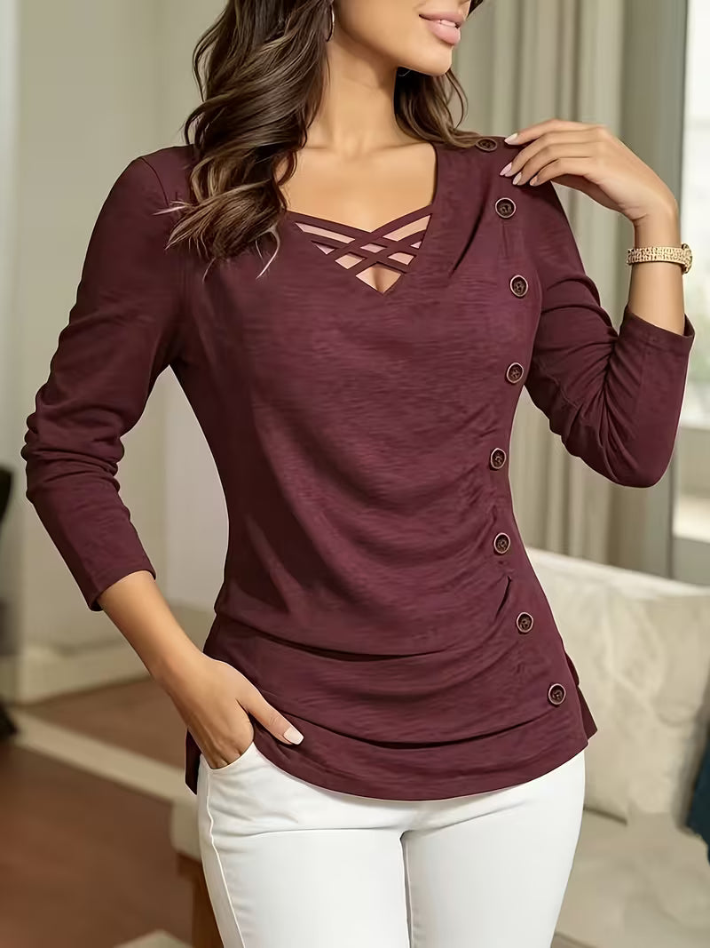 Keziana - Blusa De Manga Larga Con Cuello en V Y Botones