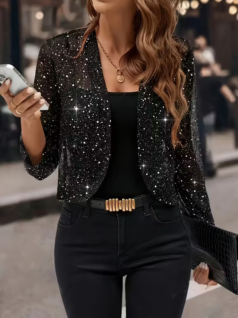 Alix - Chaqueta Tipo Cárdigan Plateada Con Purpurina y Abertura Delantera