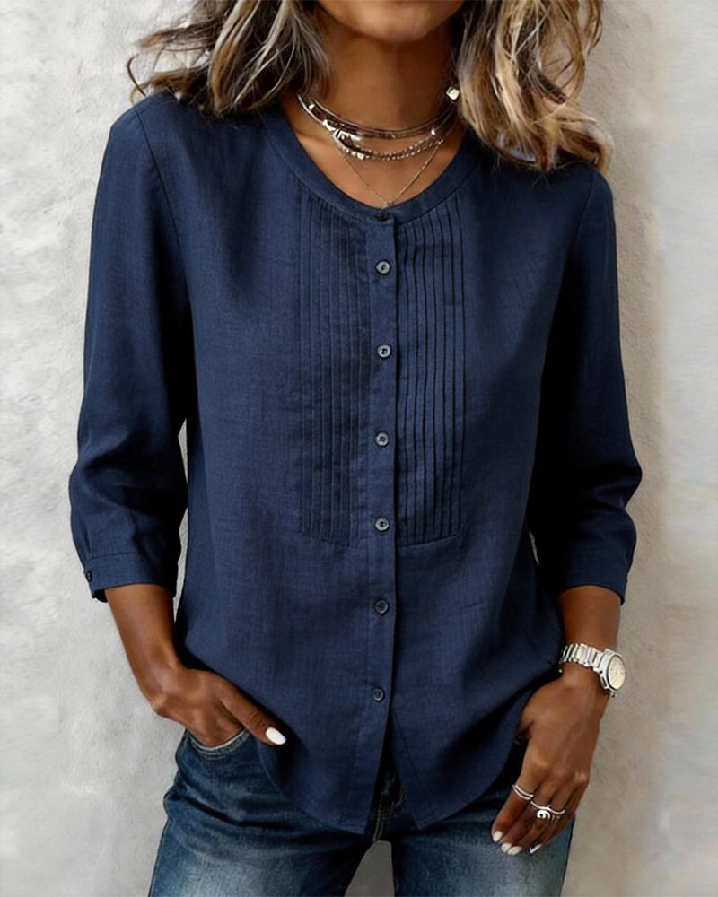 Itsasne - Camisa De Algodón Con Botones y Mangas Tres Cuartos