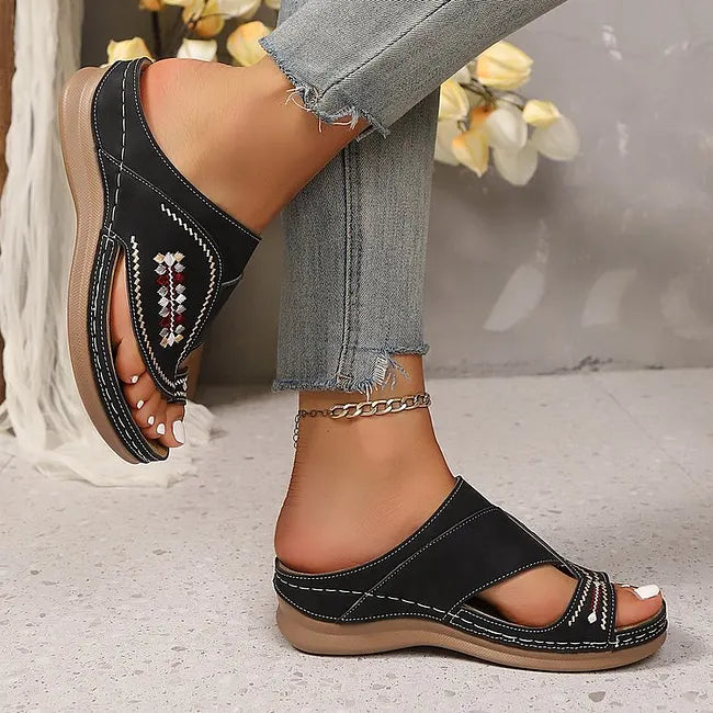 Jacky - Sandalias de Cuña Con Lazo Bordado en la Puntera