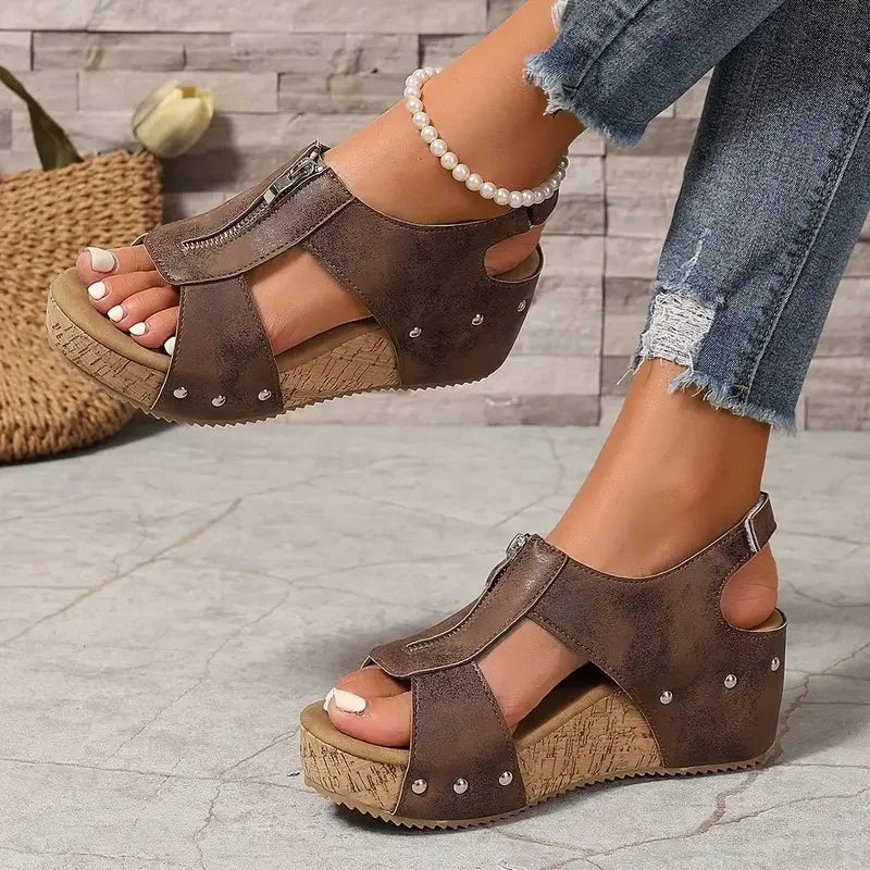 Evridiki - Elegantes Sandalias De Cuña Con Cremallera