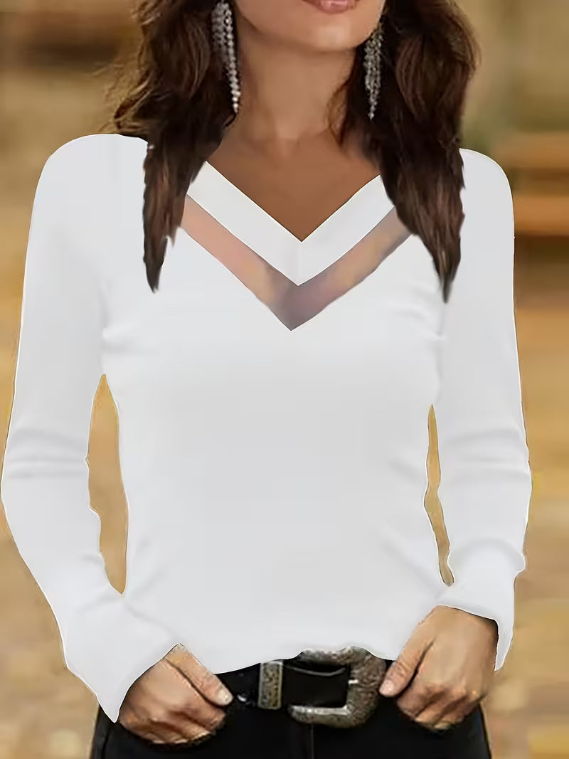 Mesha - Camiseta De Manga Larga Con Inserción De Malla Y Cuello en V
